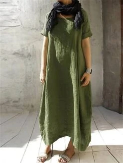 Women's Cotton Linen Dress Casual Dress Maxi Long Dress Cotton Blend Casual Outdoor Daily Vacation Crew Neck Pocket Short Sleeve Summer Spring 2023 Loose Fit Navy Blue Camel Brown Pure Color S M L XL -HAYz Clothing Shop hcnova1681380587075