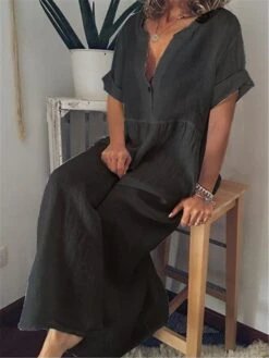 Women's Casual Dress Cotton Linen Dress Maxi Long Dress Cotton Blend Basic Classic Outdoor Daily Vacation Split Neck Button Short Sleeve Summer Spring 2023 Loose Fit Black White Blue Plain S M L XL -HAYz Clothing Shop hcrvej1688634748507