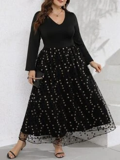 Women‘s Plus Size Curve Party Dress Swing Dress Black Dress Long Dress Maxi Dress Black Long Sleeve Polka Dot Mesh Summer Spring Fall V Neck Fashion Winter Dress Birthday Evening Party 2023 -HAYz Clothing Shop hctzkx1691464045406