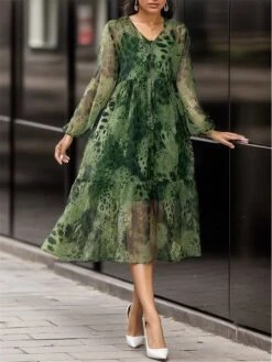 Women's Two Piece Dress Set Casual Dress Shift Dress Daily Going Out Streetwear Casual Print Midi Dress V Neck 3/4 Length Sleeve Leopard Loose Fit Green Fall M L XL XXL 3XL