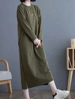 Women's Casual Dress Cotton Linen Dress T Shirt Dress Tee Dress Midi Dress Polyester Basic Classic Outdoor Daily Vacation Crew Neck Pocket 3/4 Length Sleeve Fall Autumn 2023 Loose Fit ArmyGreen Black -HAYz Clothing Shop hddwwu1693366314900