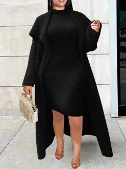 Women's Two Piece Dress Set Casual Dress Sheath Dress Daily Going Out Fashion Streetwear Lace Up Midi Dress Stand Collar Long Sleeve Plain Slim Black Yellow Wine Fall Winter S M L XL XXL -HAYz Clothing Shop hddzip1693295540956