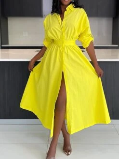 Women's Shirt Dress Casual Dress Swing Dress Midi Dress Outdoor Daily Vacation Polyester Fashion Casual Shirt Collar Patchwork Button Long Sleeve Fall Winter 2023 Loose Fit Yellow Pink Plain S M L XL