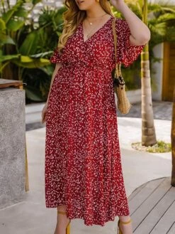 Women‘s Plus Size Curve Casual Dress Swing Dress Floral Dress Polka Dot Midi Dress Short Sleeve Print V Neck Fashion Daily Red Orange Summer Spring XL XXL 3XL 4XL