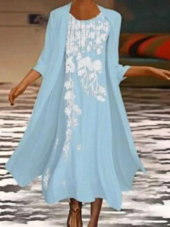 Women's Two Piece Dress Set Casual Dress Two Piece Dress Outdoor Daily Fashion Streetwear Print Midi Dress Crew Neck 3/4 Length Sleeve Floral Regular Fit Pink Blue Green Summer Spring S M L XL XXL