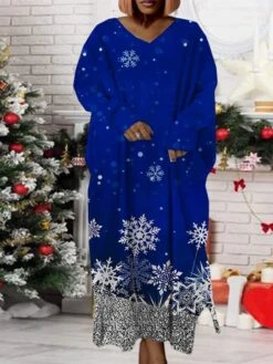 Women‘s Plus Size Christmas Dress Print V Neck Long Sleeve Winter Fall Modern Maxi Long Dress Daily Dress -HAYz Clothing Shop heagpk1668158946917