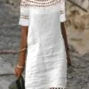 Women's Casual Dress Cotton Linen Dress Shift Dress Midi Dress Cotton Blend Basic Casual Outdoor Daily Boat Neck Patchwork Hollow Out Short Sleeve Summer Spring 2023 Loose Fit White Plain S M L XL 2XL