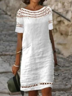 Women's Casual Dress Cotton Linen Dress Shift Dress Midi Dress Cotton Blend Basic Casual Outdoor Daily Boat Neck Patchwork Hollow Out Short Sleeve Summer Spring 2023 Loose Fit White Plain S M L XL 2XL