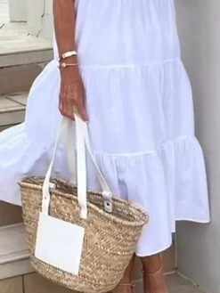 Women's Casual Dress Cotton Linen Dress Swing Dress Midi Dress Cotton Blend Fashion Modern Outdoor Daily Holiday Square Neck Ruffle Sleeveless Summer Spring 2023 Loose Fit White Green Plain S M L XL -HAYz Clothing Shop hehqpe1686303995526