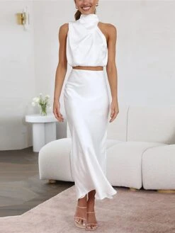 Women's Two Piece Dress Set Casual Dress Skirt Set Daily Holiday Fashion Sexy Ruched Long Dress Maxi Dress Stand Collar Sleeveless Plain Regular Fit Black White Light Green Summer Spring S M L XL -HAYz Clothing Shop heswnk1690857194548