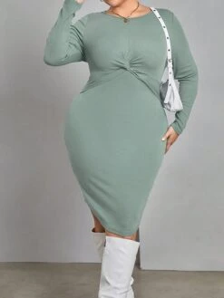 Women's Plus Size Curve Casual Dress Winter Dress Bodycon Solid Color Midi Dress Long Sleeve Ruched Crew Neck Fashion Outdoor Green Fall Winter XL XXL 3XL -HAYz Clothing Shop hfhpkr1697706240014