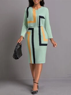 Women's Plus Size Curve Casual Dress Dress Set Two Piece Dress Geometric Color Block Midi Dress Long Sleeve Print Crew Neck Fashion Outdoor Pink Blue Fall Winter L XL XXL 3XL 4XL -HAYz Clothing Shop hfnvmj1695096067779