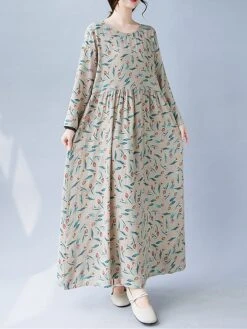 Women's Casual Dress Linen Dress Swing Dress Maxi Long Dress Linen Fashion Modern Outdoor Daily Holiday Crew Neck Print Long Sleeve Fall Winter Autumn 2023 Loose Fit Apricot Flower L XL 2XL -HAYz Clothing Shop hfuath1693553170150