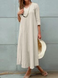 Women's Plus Size Curve Work Dress A Line Dress Fashion Long Dress Maxi Dress Patchwork V Neck 3/4 Length Sleeve Plain Loose Fit Wine Dark Blue Beige Fall L XL XXL 3XL 4XL -HAYz Clothing Shop hfxocm1693299508409