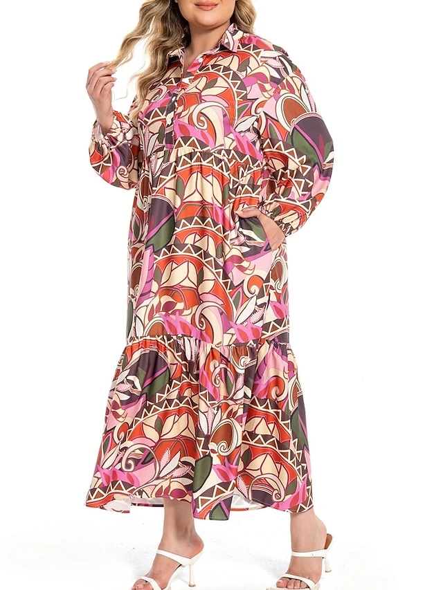 Women's Plus Size Curve Shirt Dress Work Dress Satin Dress Floral Long Dress Maxi Dress Long Sleeve Split Shirt Collar Fashion Office Red Fall Winter L XL XXL 3XL 4XL 3 Women's Plus Size Curve Shirt Dress Work Dress Satin Dress Floral Long Dress Maxi Dress Long Sleeve Split Shirt Collar Fashion Office Red Fall Winter L XL XXL 3XL 4XL - Image 3