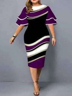 Women‘s Plus Size Curve Work Dress Bodycon Sheath Dress Color Block Midi Dress Half Sleeve Ruffle Crew Neck Fashion Outdoor Wine Red Fall Spring XL XXL 3XL 4XL 5XL -HAYz Clothing Shop hgmaan1673251735500