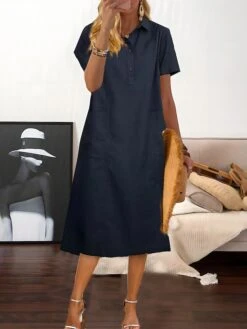 Women's Casual Dress Cotton Linen Dress Midi Dress Polyester Casual Daily Casual Outdoor Home Holiday Shirt Collar Pocket Short Sleeve Summer Spring 2023 Loose Fit Navy Blue Purple Brown Plain M L XL -HAYz Clothing Shop hgorkt1689824668030