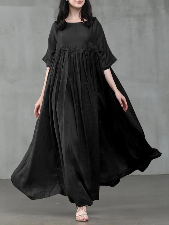Women's Casual Dress Cotton Linen Dress Swing Dress Long Dress Maxi Dress Black Pink Green Short Sleeve Pure Color Ruched Spring Fall Autumn Crew Neck Elegant Vacation Loose Fit 2022 S M L XL XXL 3XL 2 Women's Casual Dress Cotton Linen Dress Swing Dress Long Dress Maxi Dress Black Pink Green Short Sleeve Pure Color Ruched Spring Fall Autumn Crew Neck Elegant Vacation Loose Fit 2022 S M L XL XXL 3XL - Image 2