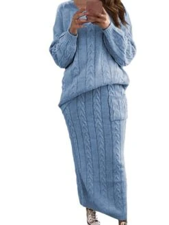 Women's Two Piece Dress Set Casual Dress Skirt Set Daily Holiday Fashion Streetwear Pocket Ribbed Long Dress Maxi Dress Crew Neck Long Sleeve Plain Loose Fit Black Yellow Wine Fall Winter S M L XL XXL -HAYz Clothing Shop hguxrf1694165726842