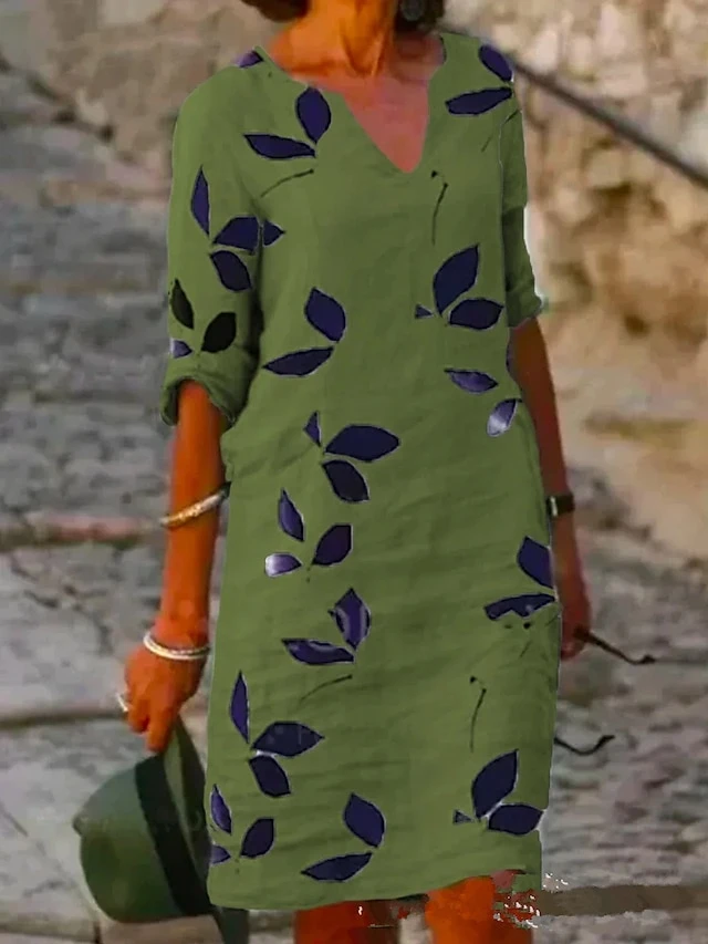 Women's Casual Dress Cotton Linen Dress Shift Dress Midi Dress Cotton Blend Fashion Modern Outdoor Daily Vacation V Neck Print Half Sleeve Summer Spring 2023 Regular Fit White Purple Brown Leaf S M L 5 Women's Casual Dress Cotton Linen Dress Shift Dress Midi Dress Cotton Blend Fashion Modern Outdoor Daily Vacation V Neck Print Half Sleeve Summer Spring 2023 Regular Fit White Purple Brown Leaf S M L - Image 5