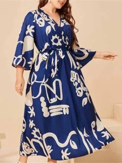 Women's Plus Size Work Dress Swing Dress Semi Formal Dress Fashion Long Dress Maxi Dress Lace Up Print V Neck 3/4 Length Sleeve Color Block Graffiti Regular Fit Navy Blue Fall Winter XL XXL 3XL 4XL -HAYz Clothing Shop hhcmbw1693300576297
