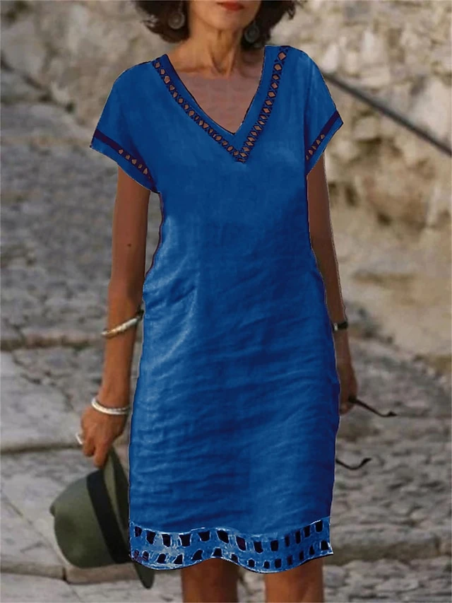 Women's Casual Dress Cotton Linen Dress Shift Dress Midi Dress Cotton Blend Fashion Basic Outdoor Daily Vacation V Neck Lace Up Hollow Out Short Sleeve Summer Spring 2023 Loose Fit Light Blue White 7 Women's Casual Dress Cotton Linen Dress Shift Dress Midi Dress Cotton Blend Fashion Basic Outdoor Daily Vacation V Neck Lace Up Hollow Out Short Sleeve Summer Spring 2023 Loose Fit Light Blue White - Image 7