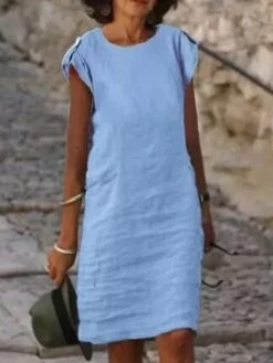 Women's Casual Dress Cotton Linen Dress Shift Dress Midi Dress Linen / Cotton Blend Basic Classic Outdoor Daily Vacation Crew Neck Button Short Sleeve Summer Spring 2023 Regular Fit White Pink Royal -HAYz Clothing Shop hhhkph1689072963854