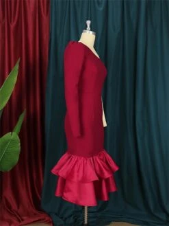 Women's Plus Size Curve Party Dress Bodycon Sheath Dress Plain Midi Dress Long Sleeve Ruffle One Shoulder Fashion Party Wine Fall Winter XL XXL 3XL 4XL -HAYz Clothing Shop hhmejn1694425971319