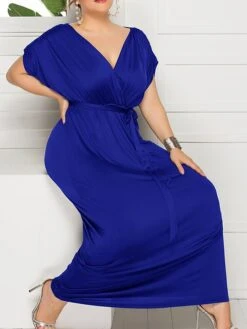 Women's Plus Size Curve Party Dress Sheath Dress Formal Dress Maxi Dress White Wine Royal Blue Short Sleeve Pure Color Lace Up Spring Fall Autumn V Neck Fashion Birthday Wedding Guest Vacation -HAYz Clothing Shop hhnjwt1692178811805