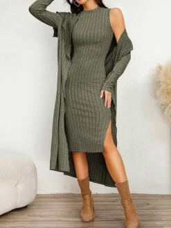 Women's Two Piece Dress Set Casual Dress Sheath Dress Home Daily Fashion Streetwear Split Midi Dress Stand Collar Long Sleeve Plain Slim Black Army Green Gray Fall Winter S M L XL XXL 31 Women's Two Piece Dress Set Casual Dress Sheath Dress Home Daily Fashion Streetwear Split Midi Dress Stand Collar Long Sleeve Plain Slim Black Army Green Gray Fall Winter S M L XL XXL -HAYz Clothing Shop hhrbga1695813704817