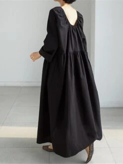 Women's Casual Dress Cotton Linen Dress Swing Dress Maxi Long Dress Cotton Blend Basic Classic Outdoor Daily Crew Neck Pocket Long Sleeve Summer Spring Fall 2023 Loose Fit Black Apricot Pure Color S -HAYz Clothing Shop hhrlua1673606398613