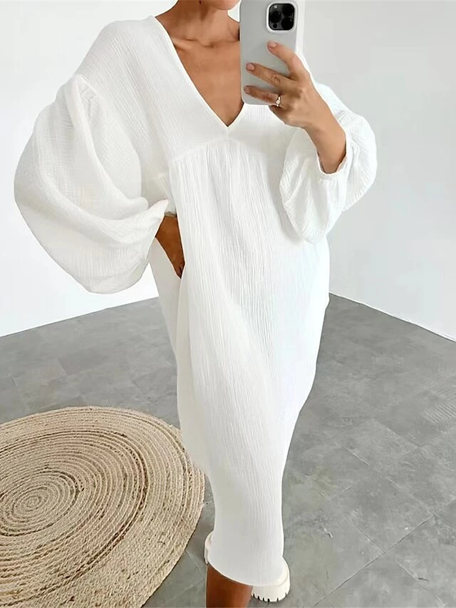 Women's Casual Dress Cotton Dress Loose Dress Midi Dress Linen / Cotton Blend Basic Classic Outdoor Daily Vacation V Neck Basic Long Sleeve Summer Spring Fall 2023 Loose Fit White Pink Blue Plain S M 2 Women's Casual Dress Cotton Dress Loose Dress Midi Dress Linen / Cotton Blend Basic Classic Outdoor Daily Vacation V Neck Basic Long Sleeve Summer Spring Fall 2023 Loose Fit White Pink Blue Plain S M - Image 2