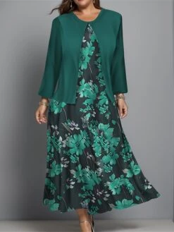 Women's Plus Size Two Piece Dress Set Casual Dress Swing Dress Outdoor Office Fashion Streetwear Print Midi Dress Crew Neck Long Sleeve Floral Regular Fit Burgundy Navy Blue Blue Fall Winter L XL XXL -HAYz Clothing Shop hiapwc1697003813673