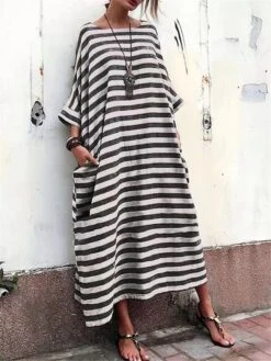 Women's Cotton Linen Dress Casual Dress Maxi Long Dress Linen Cotton Blend Casual Outdoor Daily Crew Neck Print Long Sleeve Summer Spring Fall 2023 Loose Fit Black Gray Striped S M L XL 2XL -HAYz Clothing Shop hicevf1672828238167
