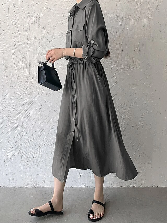 Women's Shirt Dress Casual Dress Maxi Long Dress Outdoor Daily Date Polyester Fashion Classic Shirt Collar Button Pocket Long Sleeve Fall Winter 2023 Loose Fit ArmyGreen Black Brown Pure Color S M L 9 Women's Shirt Dress Casual Dress Maxi Long Dress Outdoor Daily Date Polyester Fashion Classic Shirt Collar Button Pocket Long Sleeve Fall Winter 2023 Loose Fit ArmyGreen Black Brown Pure Color S M L - Image 9