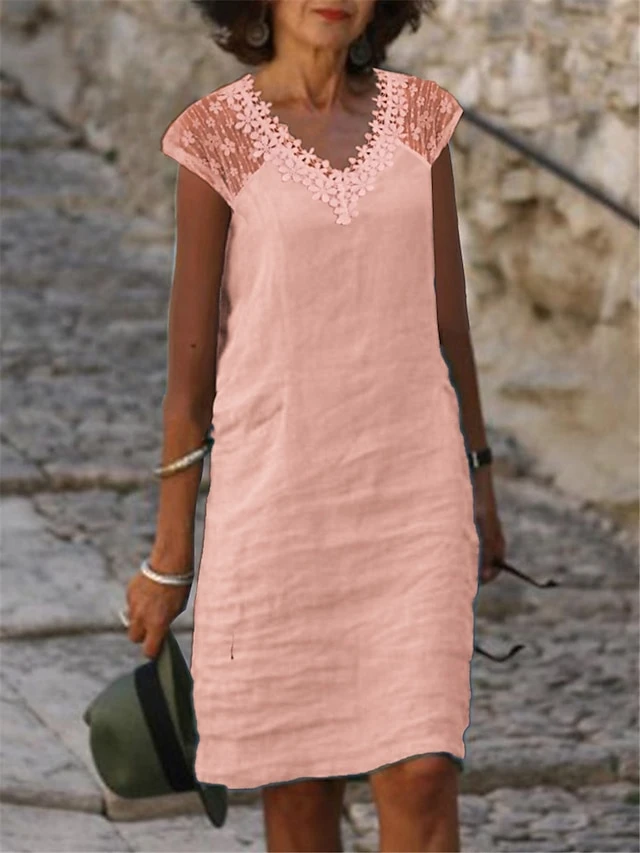 Women's Casual Dress Cotton Linen Dress Shift Dress Midi Dress Cotton Blend Basic Casual Outdoor Daily V Neck Lace Patchwork Short Sleeve Summer Spring 2023 Loose Fit White Pink Blue Pure Color S M L 2 Women's Casual Dress Cotton Linen Dress Shift Dress Midi Dress Cotton Blend Basic Casual Outdoor Daily V Neck Lace Patchwork Short Sleeve Summer Spring 2023 Loose Fit White Pink Blue Pure Color S M L - Image 2