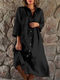 Women's Shirt Dress Casual Dress Cotton Linen Dress Midi Dress Cotton Blend Daily Classic Outdoor Daily Vacation Shirt Collar Button Pocket Long Sleeve Summer Spring 2023 Loose Fit Black White Green -HAYz Clothing Shop hjaspp1686559895492