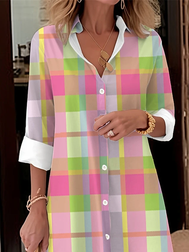 Women's Shirt Dress Casual Dress Midi Dress Outdoor Daily Date Polyester Fashion Modern Shirt Collar Button Pocket Long Sleeve Fall Winter 2023 Loose Fit Pink Plaid S M L XL 2XL 2 Women's Shirt Dress Casual Dress Midi Dress Outdoor Daily Date Polyester Fashion Modern Shirt Collar Button Pocket Long Sleeve Fall Winter 2023 Loose Fit Pink Plaid S M L XL 2XL - Image 2