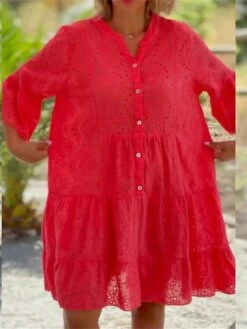 Women's Casual Dress Cotton Linen Dress Shift Dress Midi Dress Cotton Blend Fashion Casual Outdoor Daily Vacation Split Neck Ruffle Button 3/4 Length Sleeve Summer Spring Fall 2023 Loose Fit White Red -HAYz Clothing Shop hjkoim1685442942400