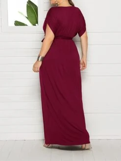 Women's Plus Size Curve Party Dress Sheath Dress Formal Dress Maxi Dress White Wine Royal Blue Short Sleeve Pure Color Lace Up Spring Fall Autumn V Neck Fashion Birthday Wedding Guest Vacation -HAYz Clothing Shop hjrgot1692178807561