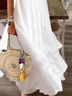 Women's Casual Dress Cotton Linen Dress Dress Set Maxi Long Dress Cotton Blend Fashion Elegant Outdoor Daily V Neck Layered 3/4 Length Sleeve Summer Spring Fall 2023 Regular Fit White Plain S M L XL -HAYz Clothing Shop hjvwgn1683871260222