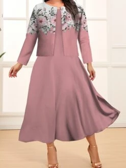 Women's Plus Size Two Piece Dress Set Casual Dress Swing Dress Outdoor Office Fashion Streetwear Print Midi Dress Crew Neck Long Sleeve Floral Plaid Regular Fit Pink Dark Pink Blue Fall Winter L XL