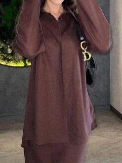 Women's Two Piece Dress Set Casual Dress Skirt Set Outdoor Daily Fashion Streetwear Button Pocket Long Dress Maxi Dress Shirt Collar Long Sleeve Plain Loose Fit Brown Green Beige Fall Winter S M L XL -HAYz Clothing Shop hjzrcm1693534951342