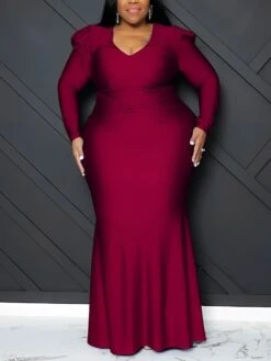 Women‘s Plus Size Curve Party Dress Bodycon Solid Color Long Dress Maxi Dress Long Sleeve Ruched V Neck Elegant Party Camel Black Summer Spring XL XXL 3XL 4XL 5XL
