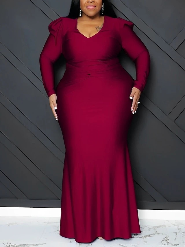 Women‘s Plus Size Curve Party Dress Bodycon Solid Color Long Dress Maxi Dress Long Sleeve Ruched V Neck Elegant Party Camel Black Summer Spring XL XXL 3XL 4XL 5XL 1 Women‘s Plus Size Curve Party Dress Bodycon Solid Color Long Dress Maxi Dress Long Sleeve Ruched V Neck Elegant Party Camel Black Summer Spring XL XXL 3XL 4XL 5XL
