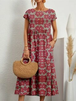 Women's Casual Dress Cotton Linen Dress Swing Dress Midi Dress Linen / Cotton Blend Fashion Casual Outdoor Daily Holiday Crew Neck Pocket Print Short Sleeve Summer Spring 2023 Loose Fit ArmyGreen