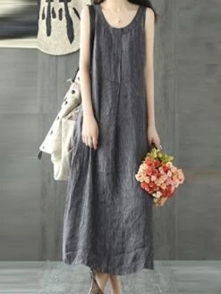 Women's Casual Dress Cotton Linen Dress Shift Dress Maxi Long Dress Cotton Blend Casual Daily Holiday Vacation Crew Neck Pocket Cold Shoulder Sleeveless Summer Spring 2023 Regular Fit Black Gray Pure -HAYz Clothing Shop hkiijg1679376653737