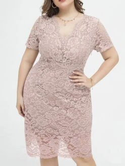Women's Plus Size Curve Party Dress Lace Dress Cocktail Dress Midi Dress Black Pink Wine Short Sleeve Pure Color Lace Summer Spring Fall V Neck Fashion Birthday Wedding Guest Vacation XL XXL 3XL 4XL -HAYz Clothing Shop hkmagf1692165636011