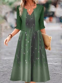 Women's Two Piece Dress Set Casual Dress Swing Dress Outdoor Daily Fashion Elegant Print Midi Dress V Neck Half Sleeve Floral Ombre Regular Fit Blue Purple Green Fall Winter S M L XL XXL -HAYz Clothing Shop hkpjhi1697681149728