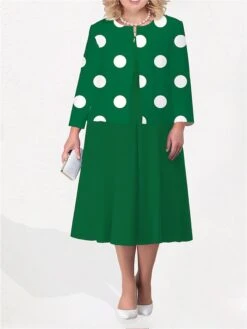 Women's Plus Size Curve Two Piece Dress Set Casual Dress Print Dress Outdoor Office Fashion Streetwear Print Midi Dress Crew Neck Long Sleeve Polka Dot White Yellow Fuchsia Fall Winter L XL XXL -HAYz Clothing Shop hkqobt1692945882328